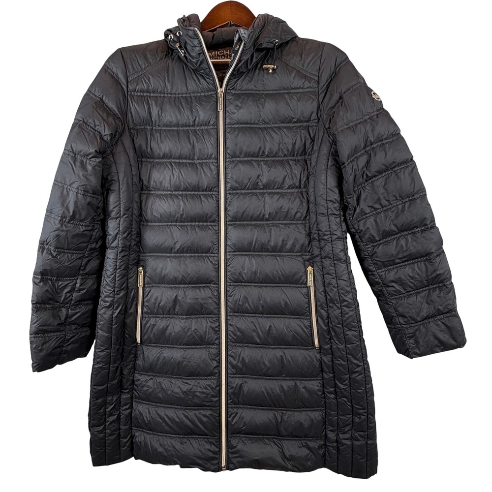 MICHAEL Michael Kors Packable Down Coat Women L Black Gold Hooded Long Puffer